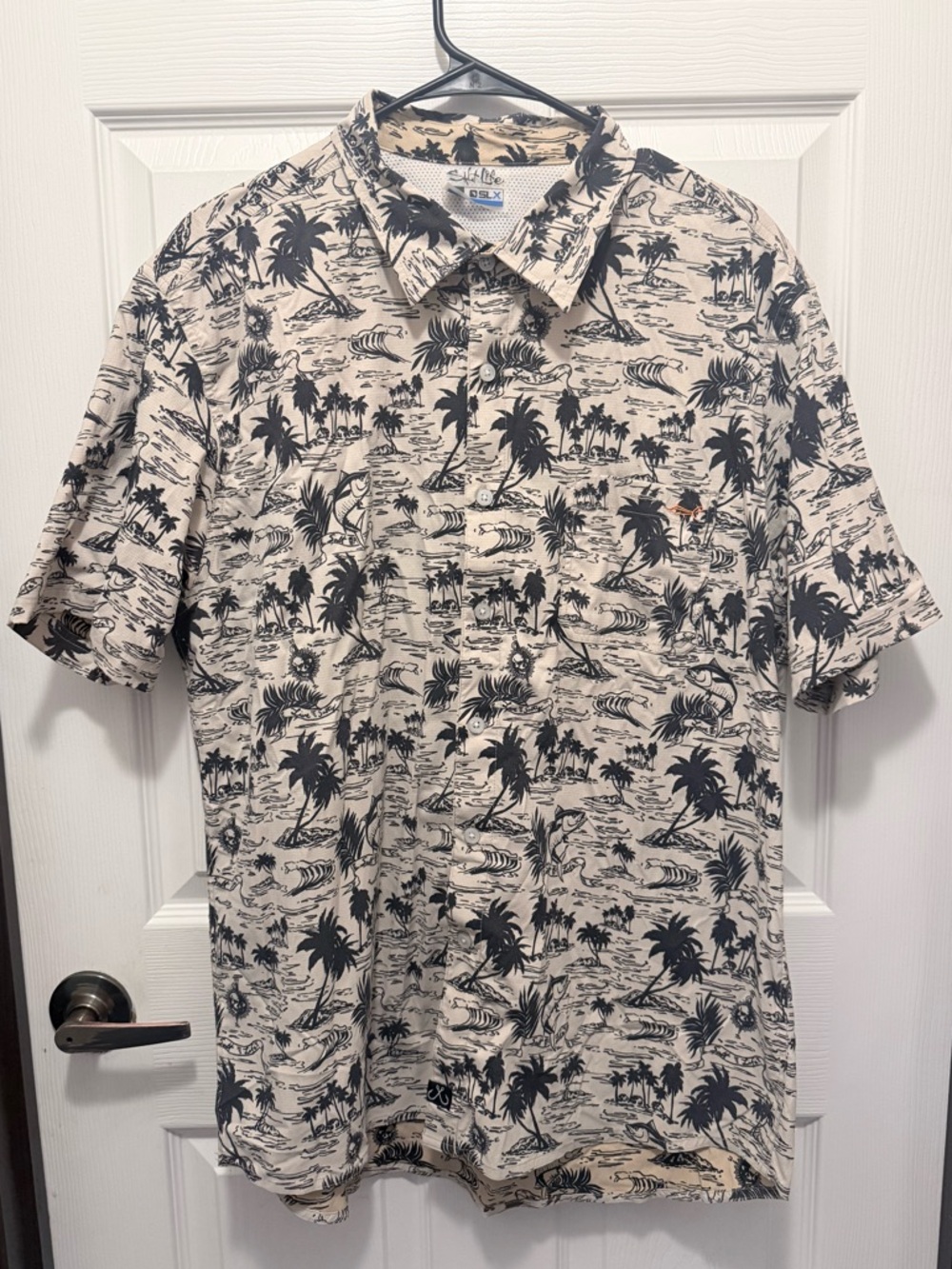 Salt Life Beige Polo with Black Tropical Palm Print